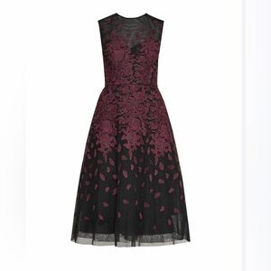 BCBG MAXAZRIA Floral Embroidered Black and Burgundy Aline Midi Dress Size 4